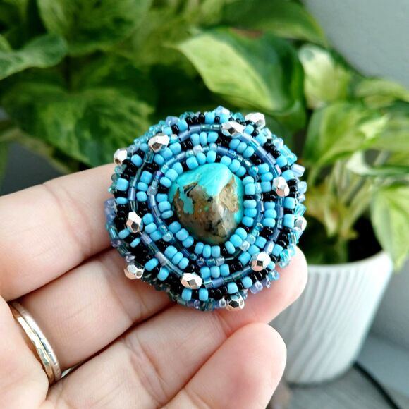 Turquoise Gemstone Beaded Embroidery Brooch, Beaded Accessories, 1.75" - Picture 4 of 6